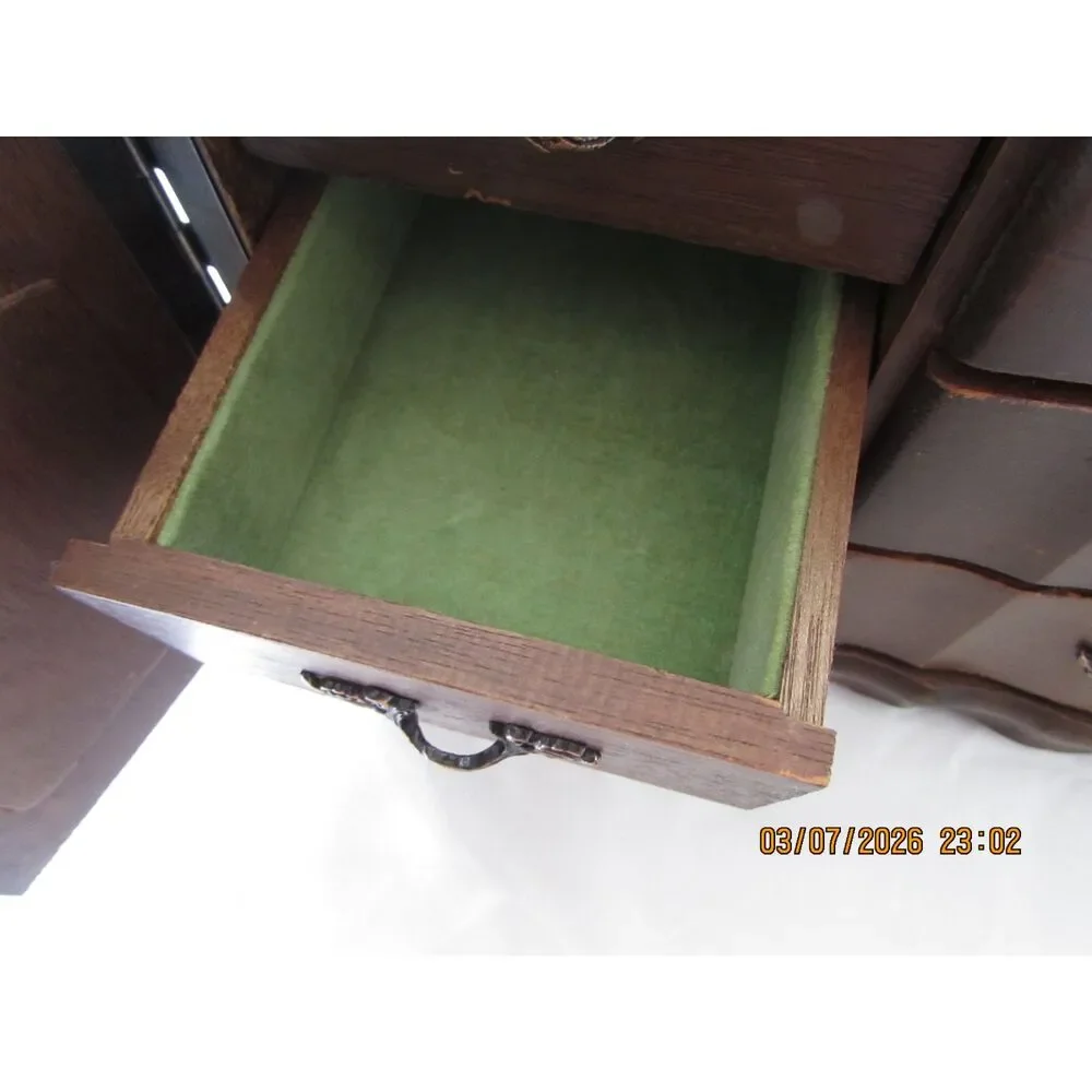 Vintage wood jewelry box 9 drawer, jewelry chest armoire Japan pine green velvet